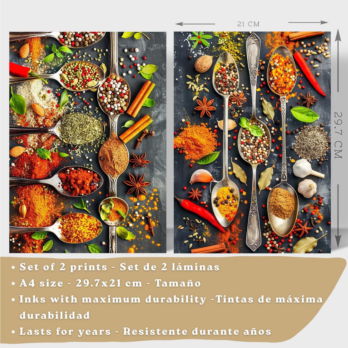 POSTER 2er Set Küchen-Wandbilder Limette Minze Getränk und Gewürze Food Fotografie Esszimmer Wanddeko Leichter Holzrahmen A4 - Beige, Papier (29.7/1/21cm) - Nacnic