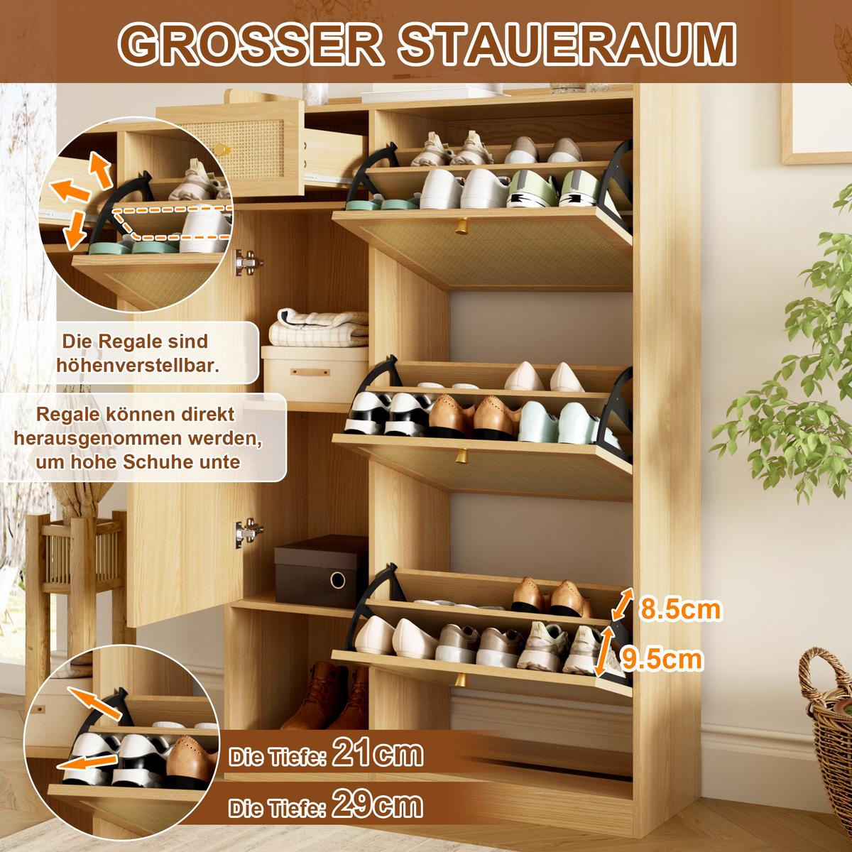 SCHUHSCHRANK Modern 3 Klappfächer 1 Tür Schublade Höhenverstellbar - Naturfarben, Holzwerkstoff (80.5/125/25cm) - Urban Meuble