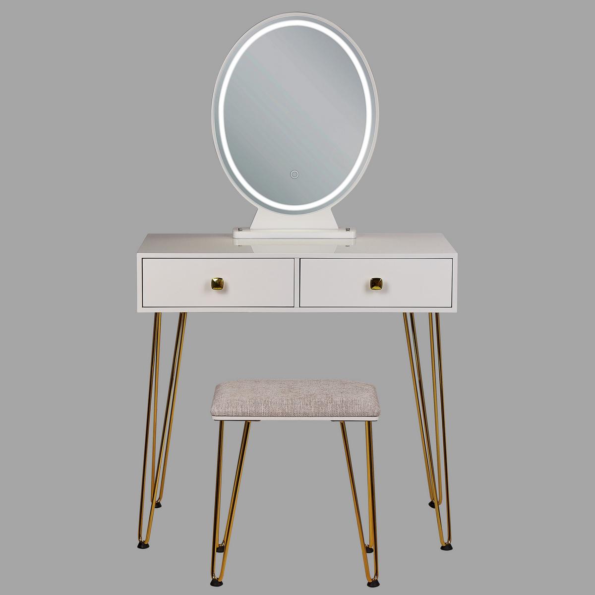 SCHMINKTISCH mit ovalem LED-Spiegel Hocker 2 Schubladen weiß/gold Caen - Goldfarben/Weiß, Holzwerkstoff (82/137/40cm) - Beliani