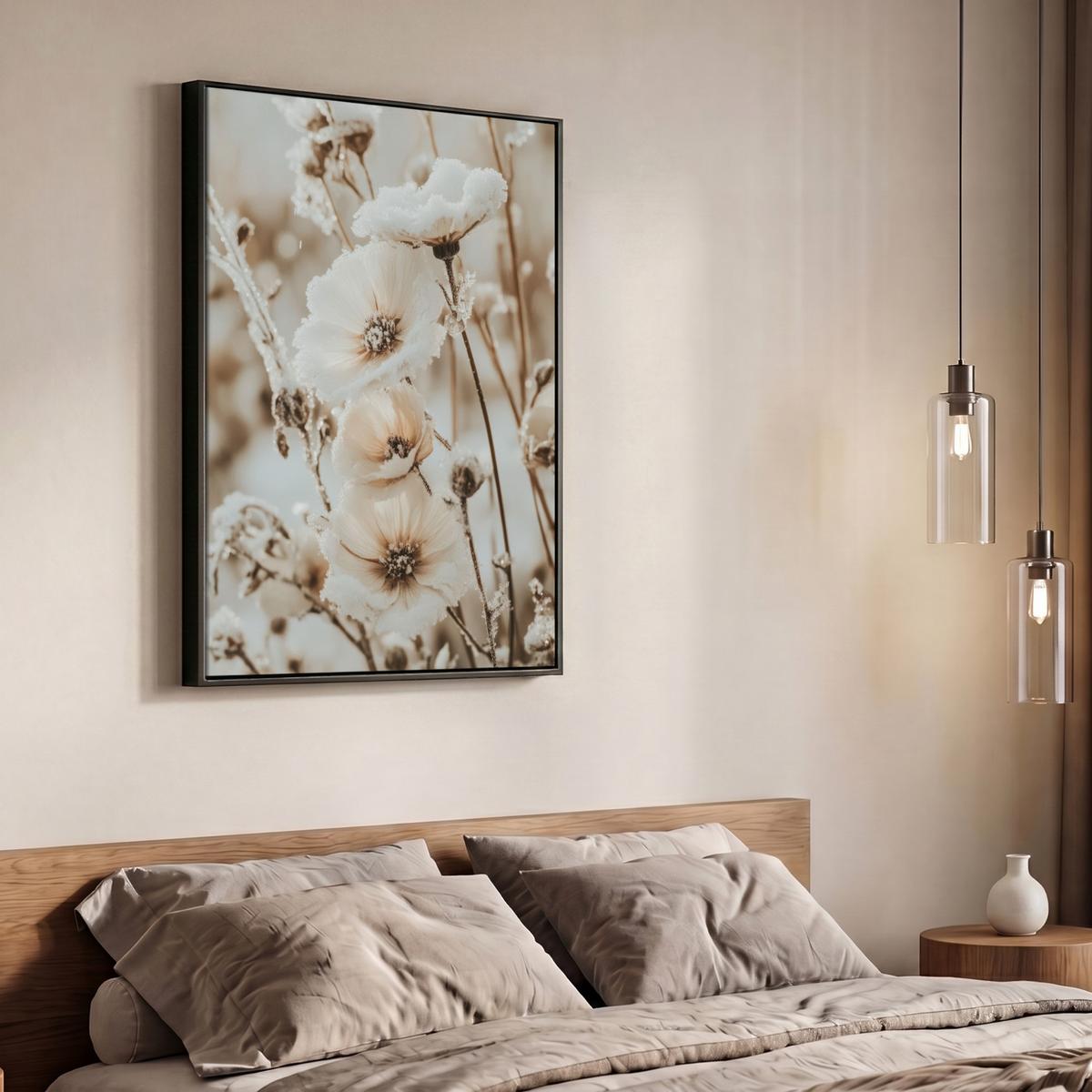 LEINWAND Bilder mit Rahmen - Blumen - Winter - Weiß - Schnee - Beige - 70x100 - Creme, Textil (70/100cm) - MuchoWow