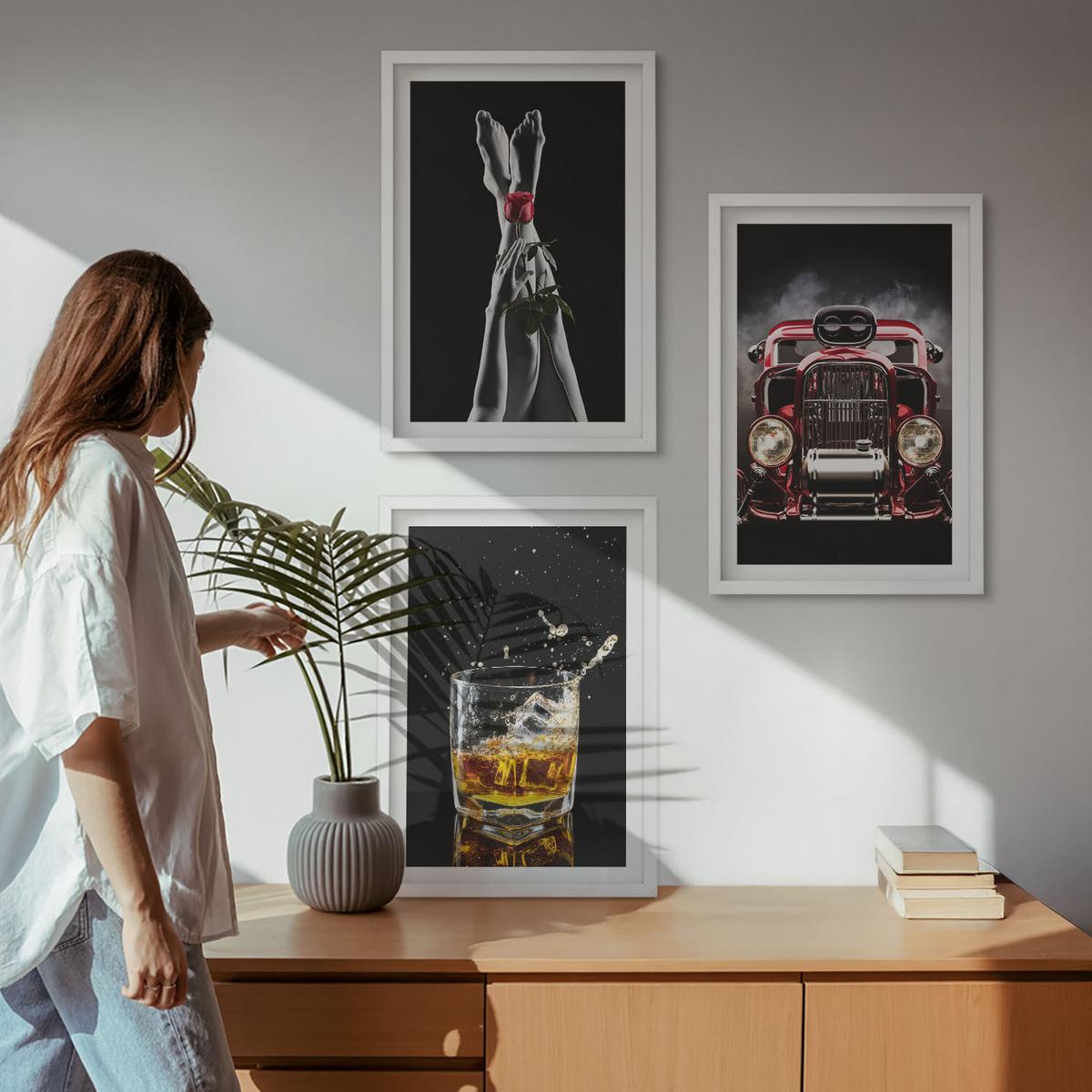 BILDER SET 3er Set - 40x60 cm Weißer Rahmen - Frauenbeine Rosenauto Whisky - Weiß, Kunststoff (40/60cm) - TULUP