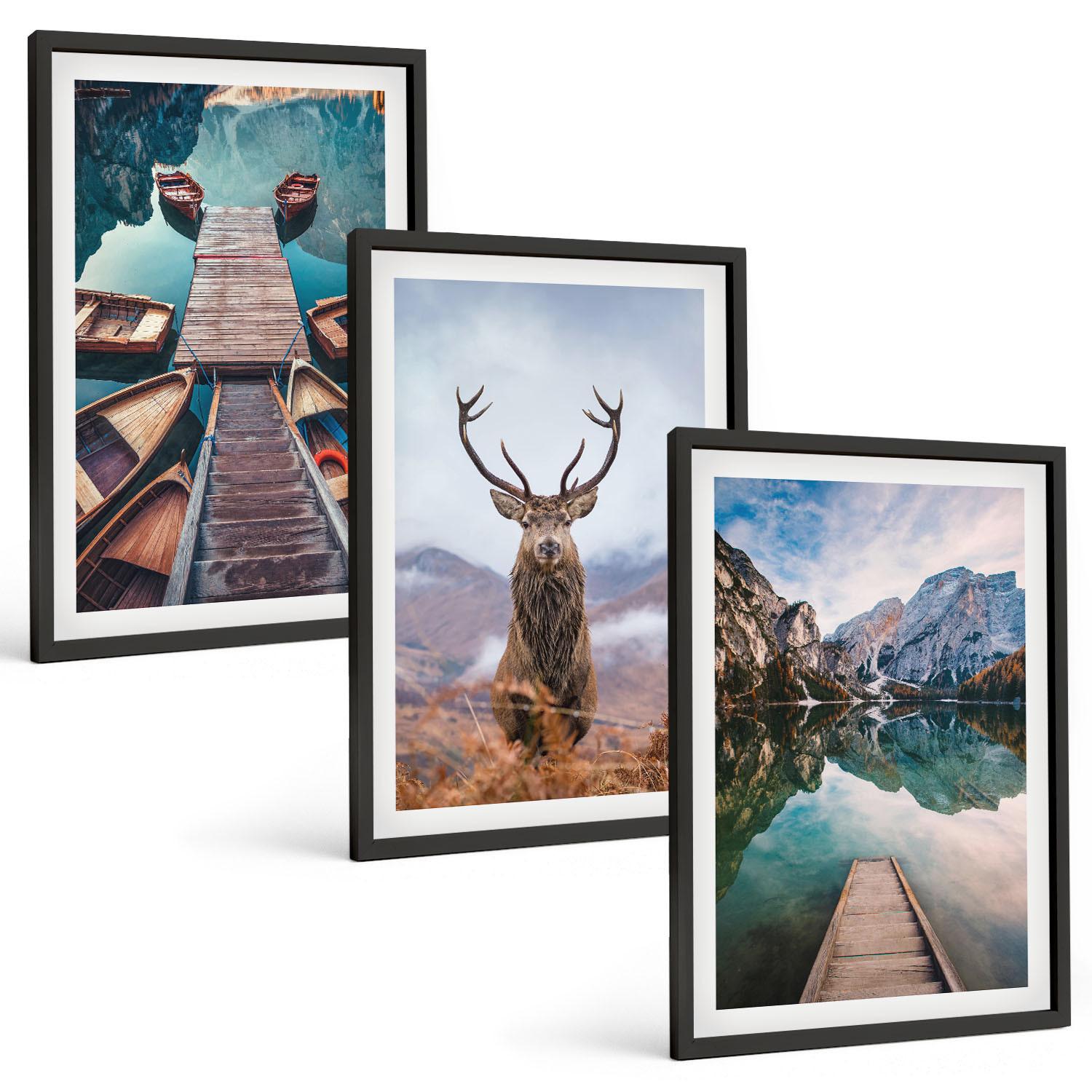BILDER SET 3er Set - 40x60 cm Schwarzer Rahmen - Seeboote Hirsche Berge - Schwarz, Kunststoff (40/60cm) - TULUP