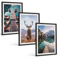 BILDER SET 3er Set - 40x60 cm Schwarzer Rahmen - Seeboote Hirsche Berge - Schwarz, Kunststoff (40/60cm) - TULUP
