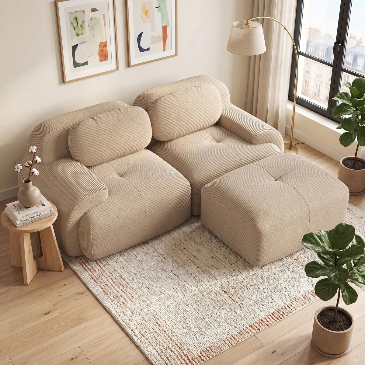 ECKSOFA Modulares Boneless Cord Sofa 2-Sitzer - Beige, Textil (208/178cm) - Urban Meuble