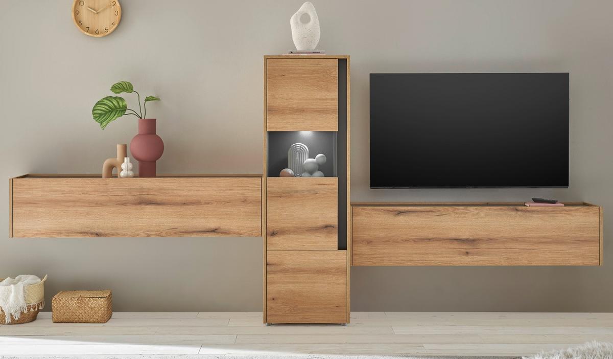 WOHNWAND Evoke Eiche, grau, Wohnkombination 3-teilig 350 cm, Set inklusive Beleuchtung - Eichefarben/Schwarz, Glas/Holzwerkstoff (350/155/40cm) - Furn.Design