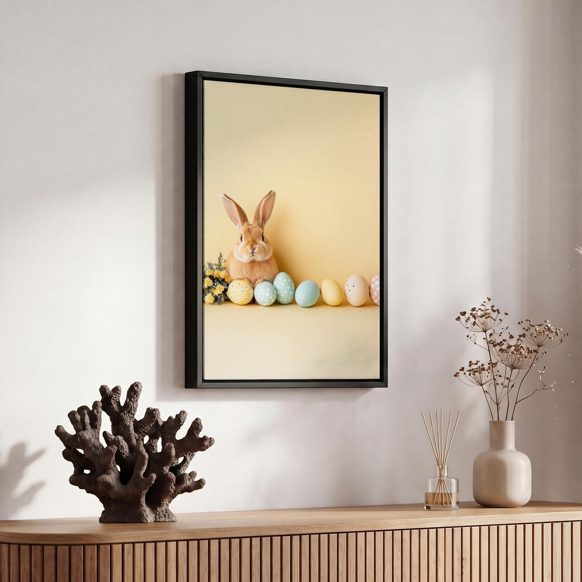 LEINWAND Bilder mit Rahmen - Eier - Kaninchen - Pastellfarbtöne - 20x30 - Hellgelb, Textil (20/30cm) - MuchoWow