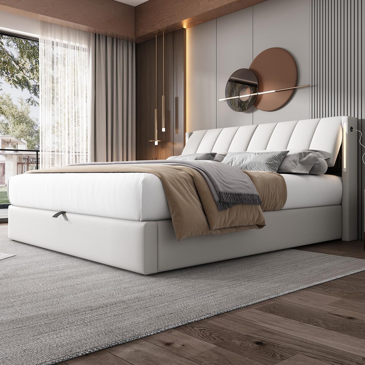 DOPPELBETT Weiß mit Stauraum und LED 207/140/103 cm - Weiß, Holzwerkstoff/Metall - Urban Meuble