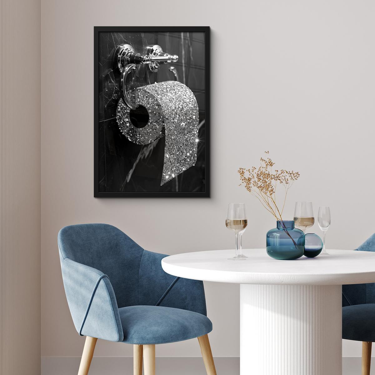 POSTER MIT RAHMEN WC - Toilettenpapier - Schwarz und weiß - Glitter Bilder mit Rahmen 40x60 cm - Silberfarben, Papier (40/60cm) - MuchoWow