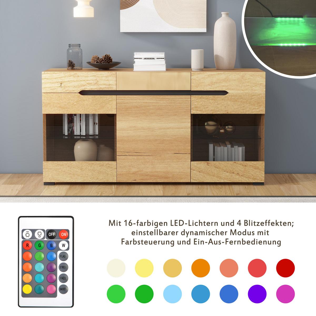 SIDEBOARD mit LED-Beleuchtung und Kabelführung, 140/35/35 cm - Eiche San Remo, Glas/Holzwerkstoff (140/80/35cm) - Urban Meuble
