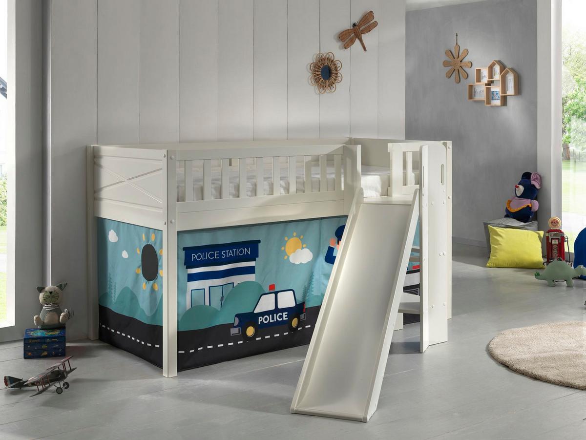 HOCHBETT mit Rutsche Karyl Massivholz Weiß Textilset Polizei - Weiß/Hellblau, Holz (90/200cm) - 58aufmkessel