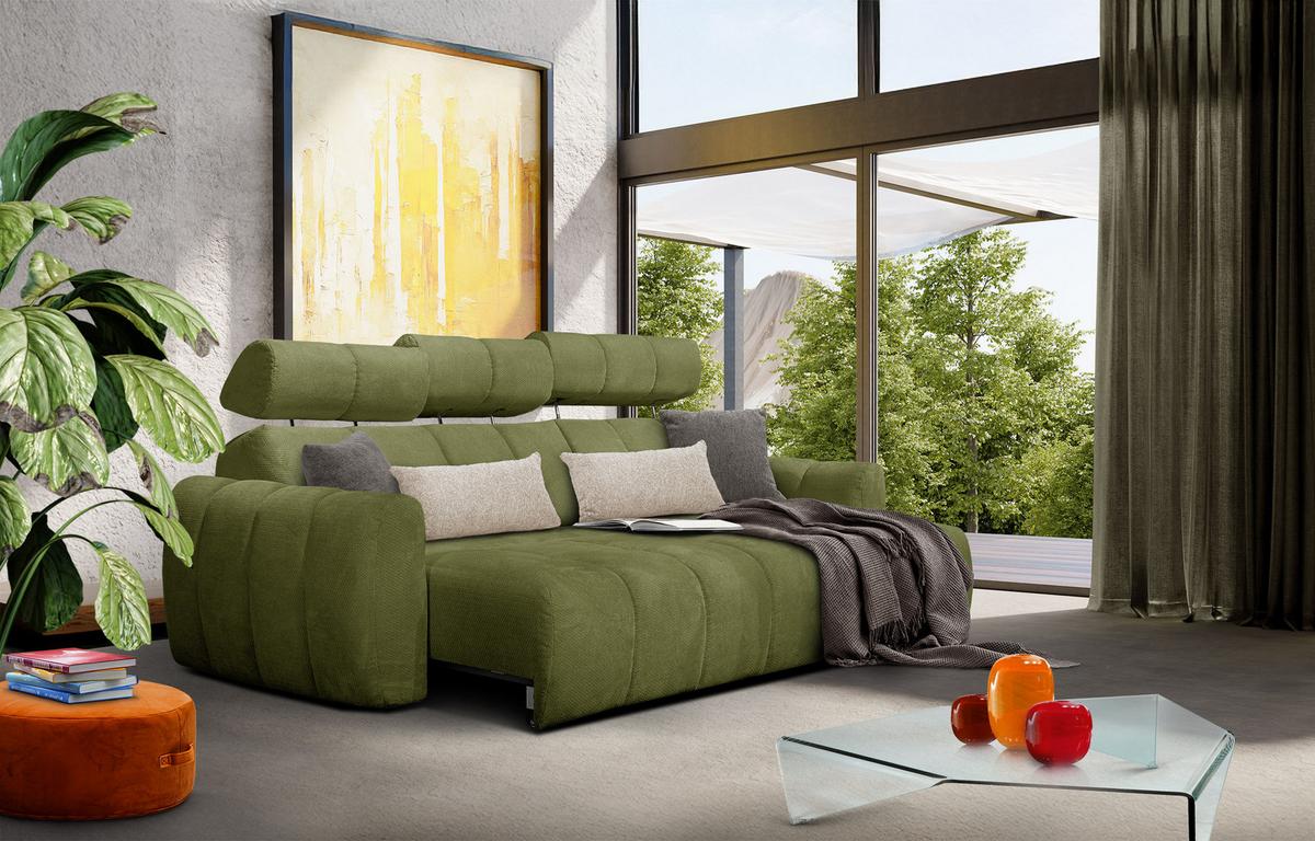 ECKSOFA KIMI 3-Sitzer, ausziehbarer Sitz, verstellbare Kopfstützen, olivgrün - Schwarz/Olivgrün, Holzwerkstoff/Textil (270/160cm) - Wozimo