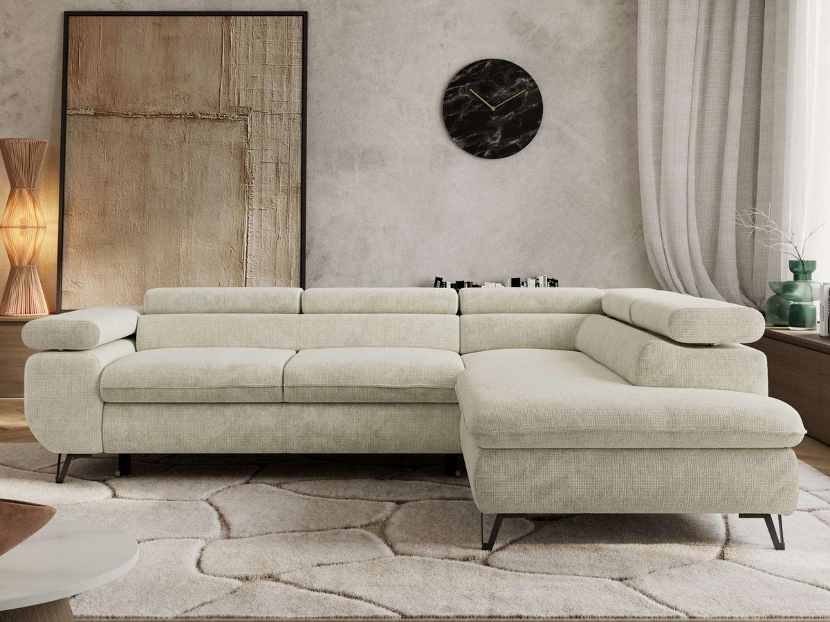 ECKSOFA PABLO L Creme Schenille grob gewebt - Rechts Seite - Creme/Schwarz, Textil/Metall (273/208cm) - MKS