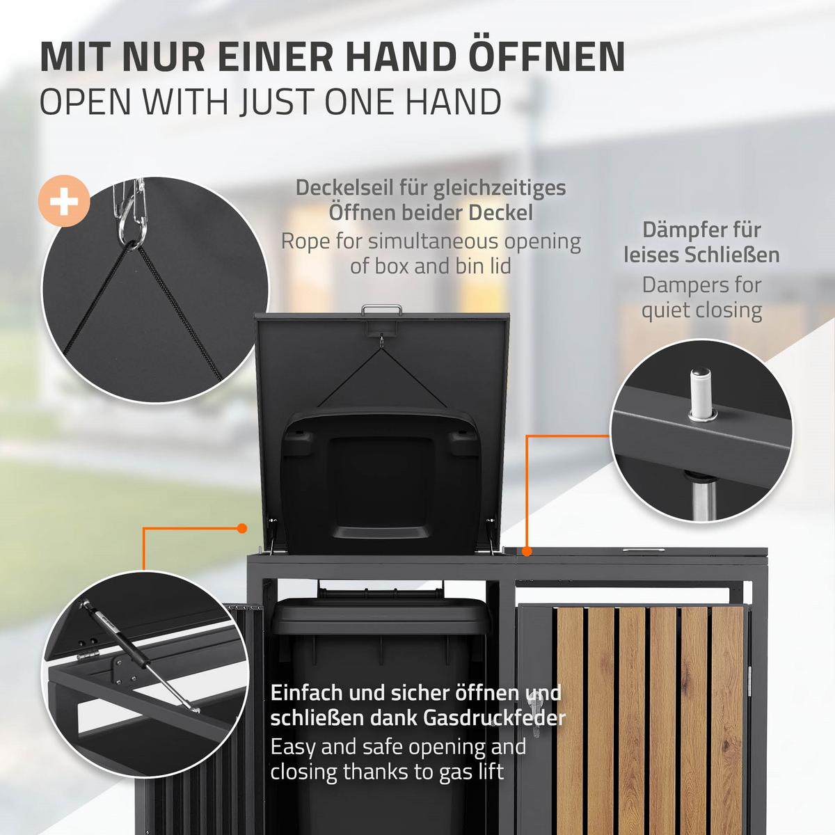 MÜLLTONNENBOX 4er Anthrazit-Holzoptik - Graubraun, Metall (264/120/80cm) - ML-DESIGN