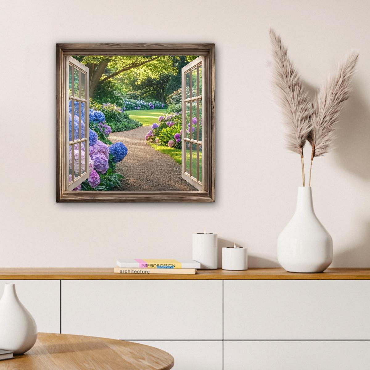 LEINWANDBILD Aussicht - Garten - Fenster - Hortensie - Blumen Wandbild Wohnzimmer 50x50 cm - Pastellblau, Textil (50/50cm) - MuchoWow
