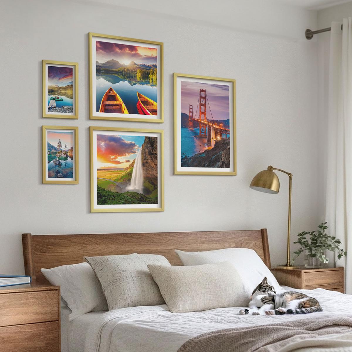 BILDER SET 5er Set - 50x50 cm & 20x30 cm & 40x60 cm Goldrahmen - Bergseen, Boote, Brücken - Goldfarben, Kunststoff (40/60cm) - TULUP