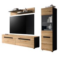 WOHNWAND Eiche Artisan, grau, Kombination 3-teilig 220 cm hängend oder stehend, Soft-Close, Cooper - Schwarz/Eiche Artisan, Glas/Holzwerkstoff (221/141/33cm) - Inn.Furn