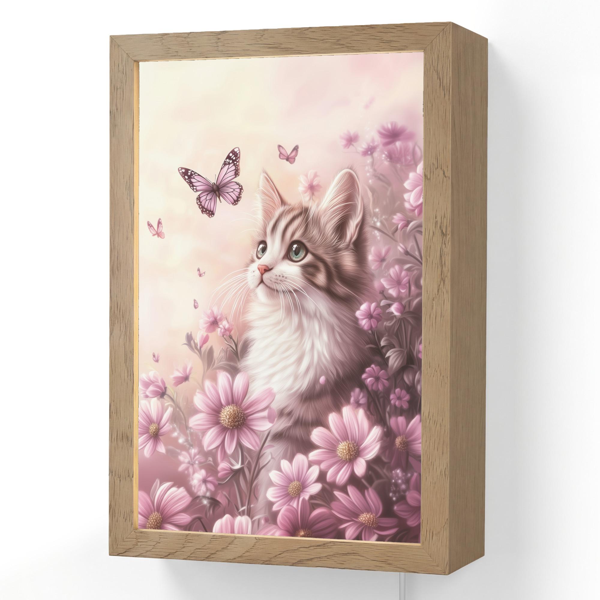 WANDLEUCHTE Kätzchen - Blumen - Schmetterlinge - Lila 20x30 cm - Altrosa, Holzwerkstoff (20/30/8cm) - OnlyWow