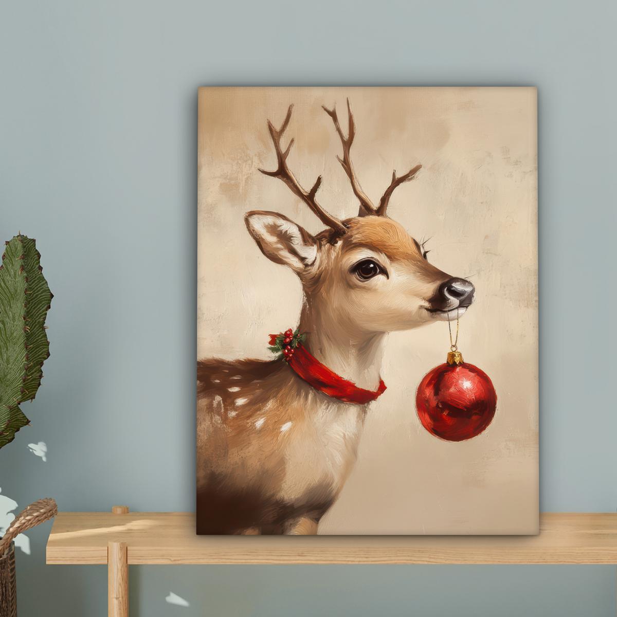 LEINWANDBILD Weihnachten - Hirsch - Geweih - Weihnachtskugel - Rentier Room Decor 30x40 cm - Hellbraun, Textil (30/40cm) - MuchoWow