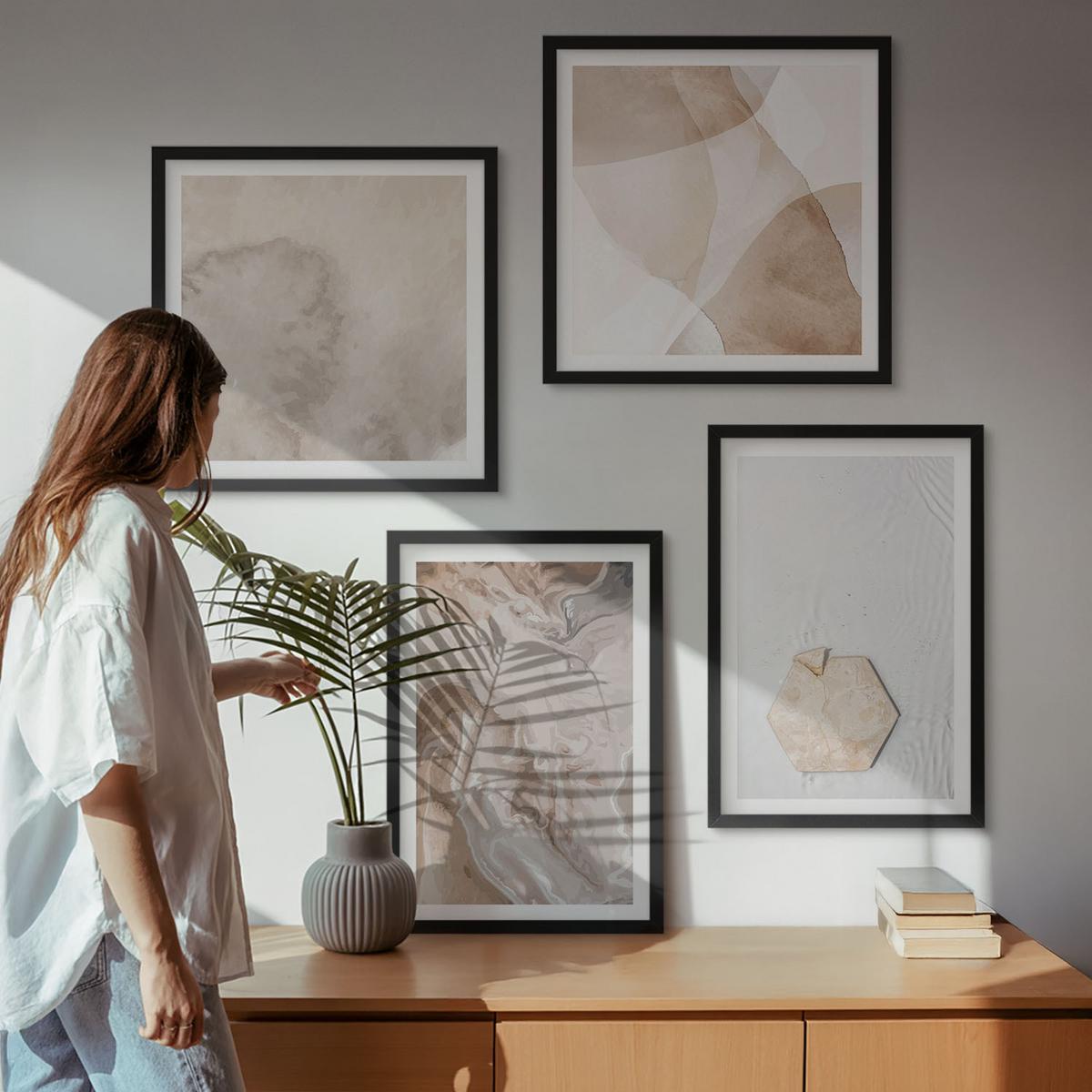 BILDER SET 4er Set - 50x50 cm & 40x60 cm Schwarzer Rahmen - Designabstraktion, Naturinspiration - Schwarz, Kunststoff (50/50cm) - TULUP