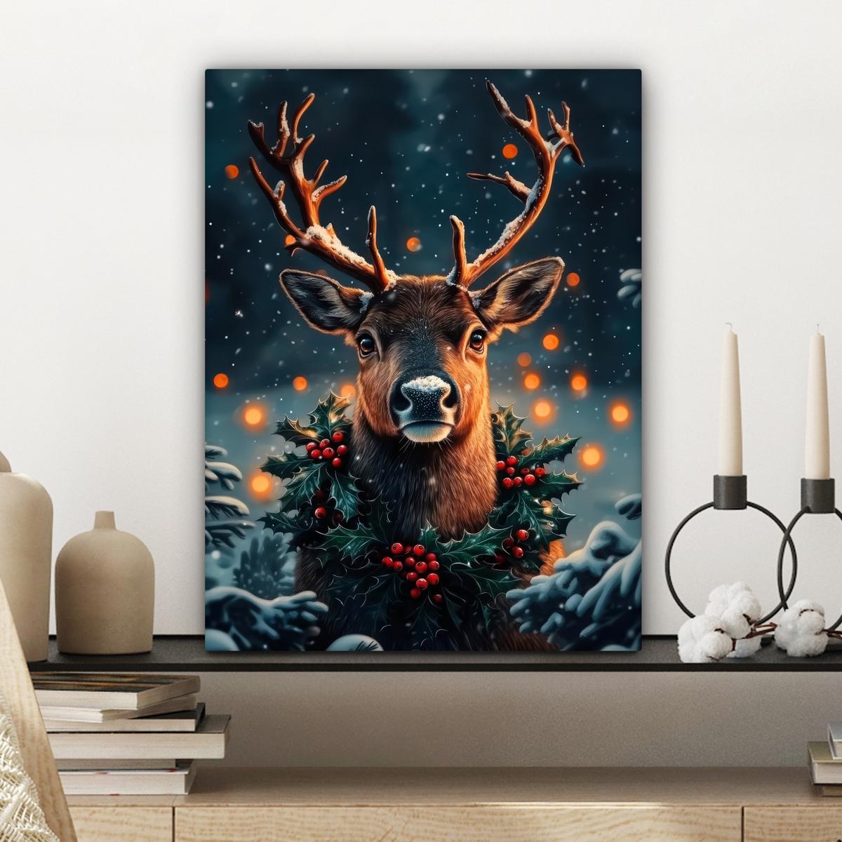 LEINWANDBILD Hirsch - Weihnachten - Winter - Schnee - Weihnachtskranz Room Decor 30x40 cm - Dunkelbraun, Textil (30/40cm) - MuchoWow