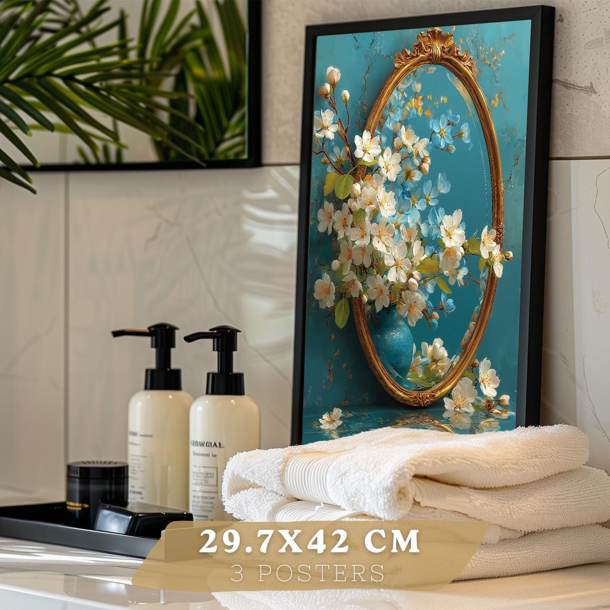 POSTER 3er-Set dekorative Badezimmer-Poster, elegante für Wand, Waschbecken, Dusche, mit Armatur, Spiegel und goldener Dusche Schwarzer Rahmen A3 - Schwarz, Papier (42/29.7/3cm) - Nacnic