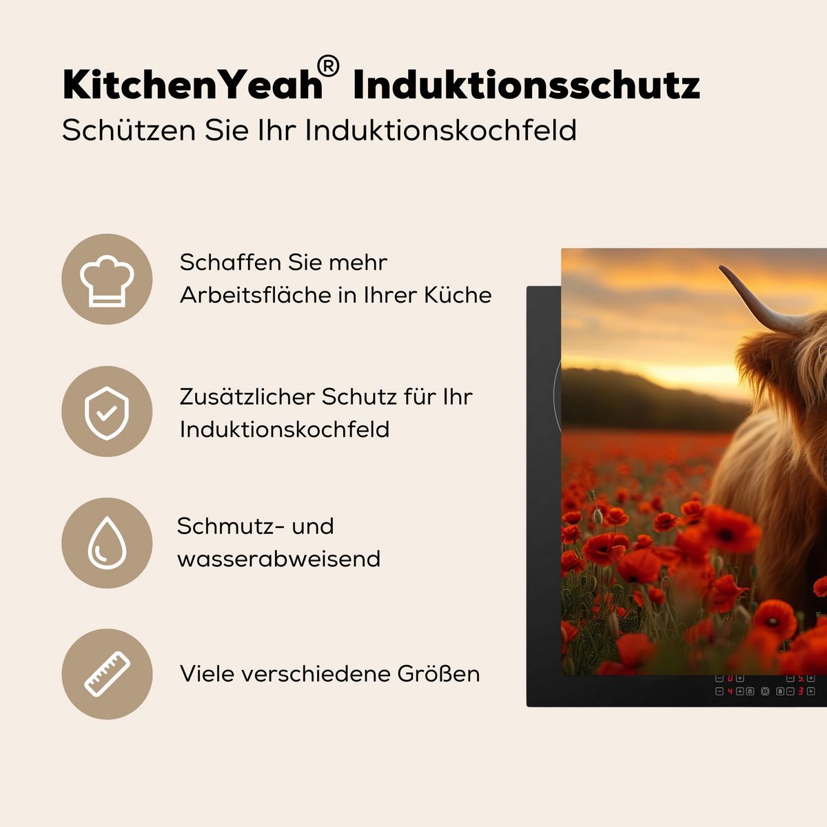 HERDABDECKPLATTE Schottische Highlander - Rosen - Blumenfeld - Sonnenuntergang Induktionsmatte 71x52 cm - Rotbraun, Kunststoff (71/52/0.2cm) - MuchoWow