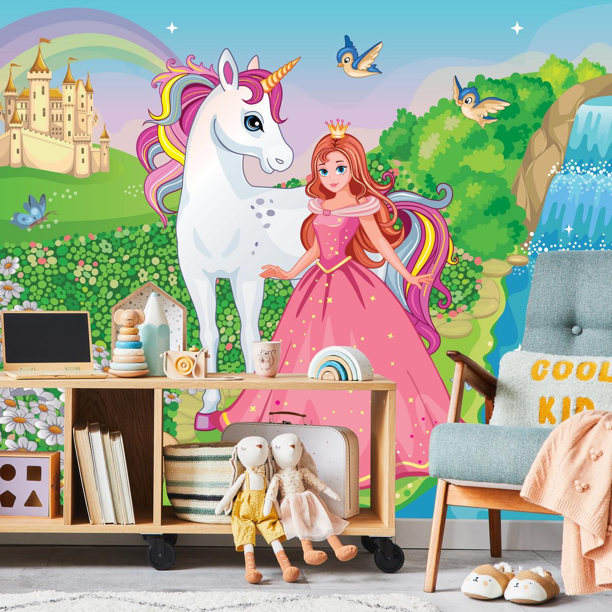 FOTOTAPETE für Kinderzimmer Prinzessin Einhorn Schloss Wasserfall Blumen 300x210 - Blau/Gelb, Papier (300/210cm) - Muralo