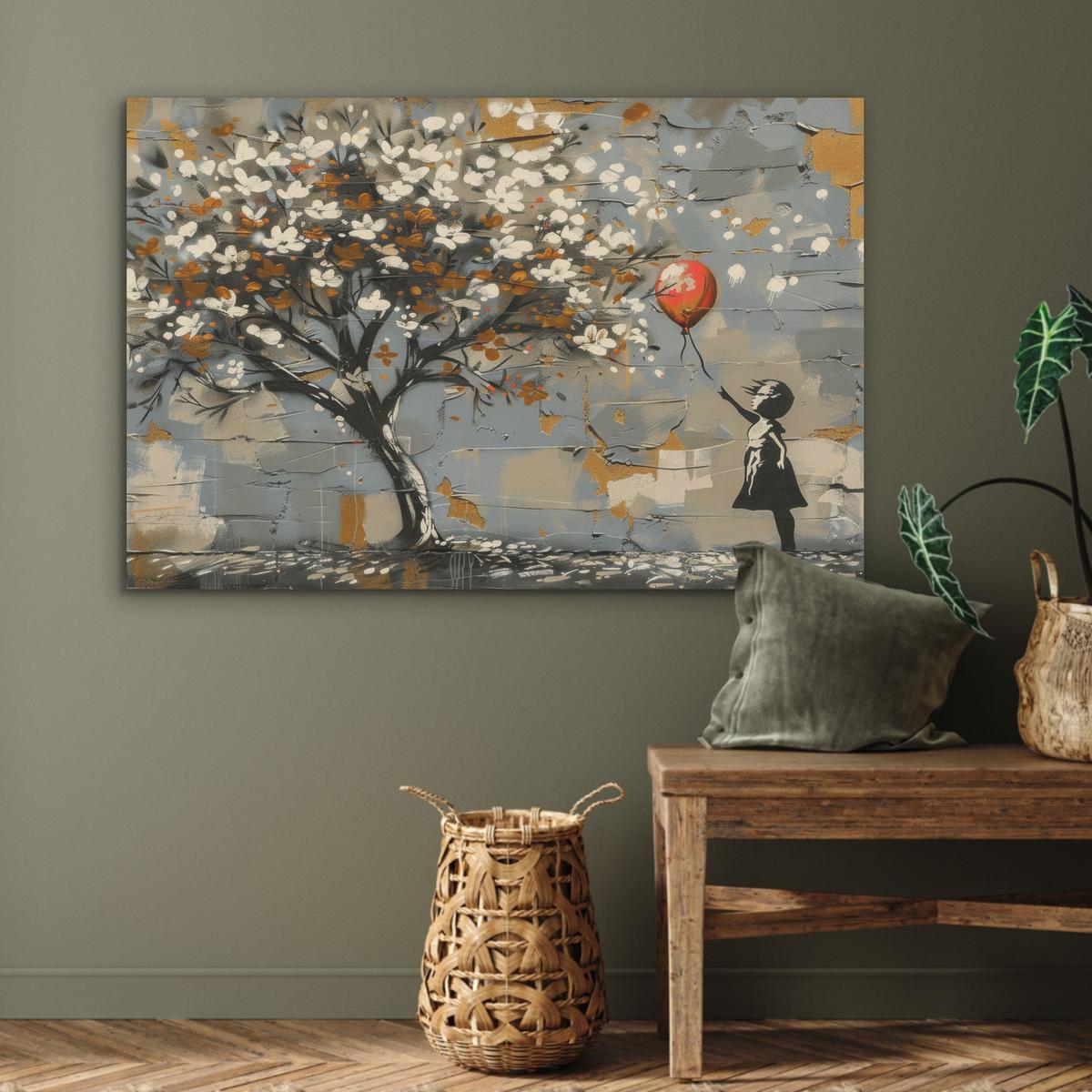 AKUSTIKBILD Baum - Graffiti - Banksy-Stil - Ballon-Mädchen Wandbild Wohnzimmer 100x70 cm - Blaugrau, Kunststoff (100/70/0.9cm) - MuchoWow