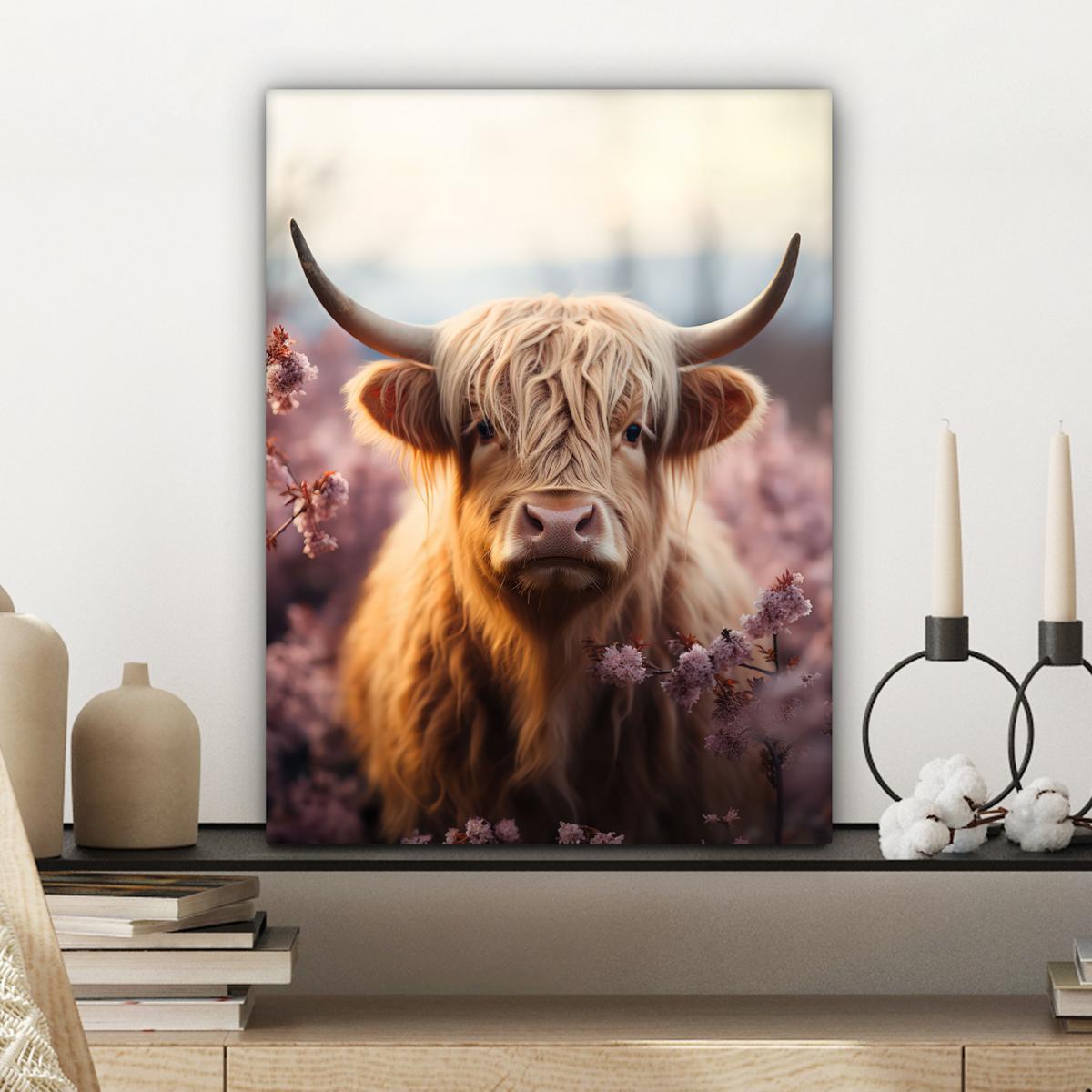 LEINWANDBILD Schottischer Hochländer - Frühling - Hochland Room Decor 30x40 cm - Hellrosa, Textil (30/40cm) - MuchoWow
