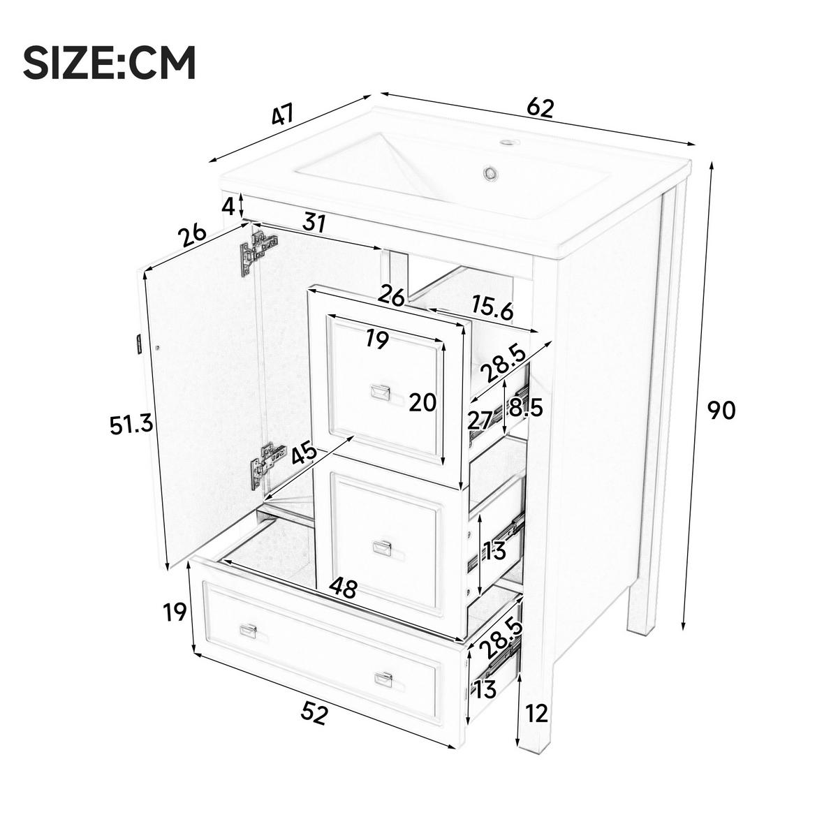 WASCHTISCH Freistehend mit Keramikbecken & 3 Schubladen 62cm - Weiß, Holzwerkstoff (62/90/47cm) - Urban Meuble