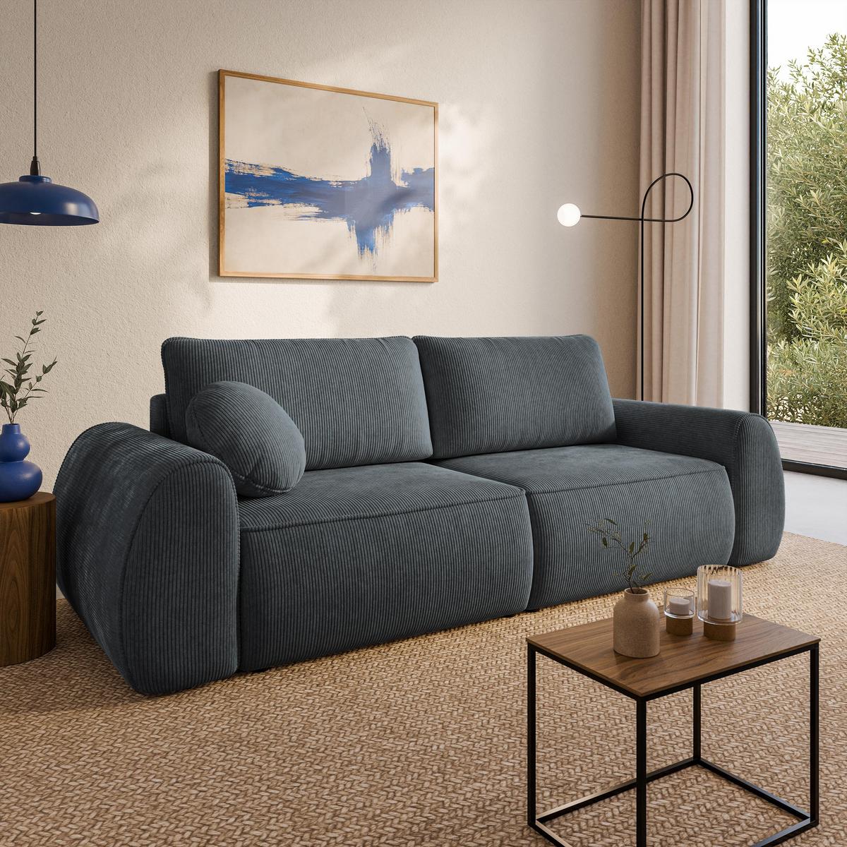 BETTSOFA ZEFEO Grau Kordstoff mit Schlaffunktion - Grau, Textil (264/96/106cm) - MASSENO