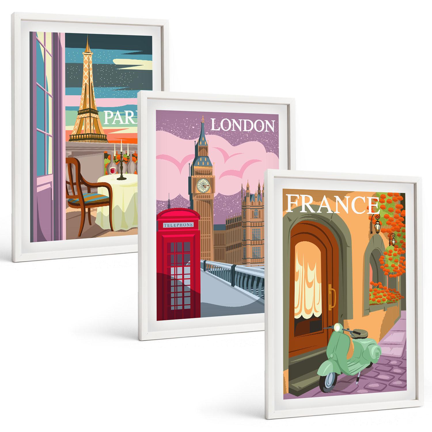 BILDER SET 3er Set - 40x60 cm Weißer Rahmen - Ansichten Paris London Retro - Weiß, Kunststoff (40/60cm) - TULUP