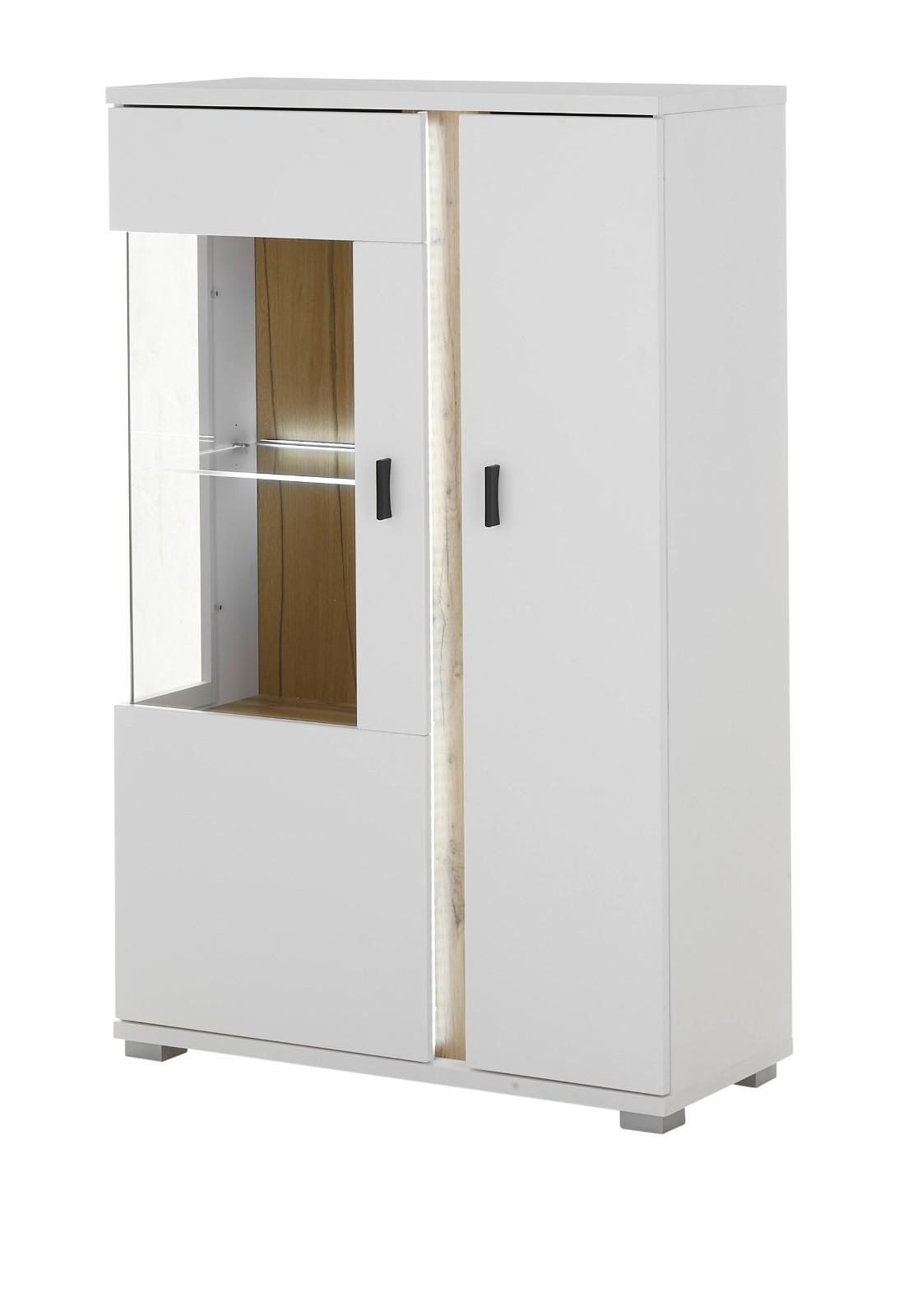VITRINE weiß matt, Eiche Wotan 80 x 125 cm, Highboard inklusive Frontbeleuchtung - Eiche Wotan/Silberfarben, Glas/Holzwerkstoff (80/125/35cm) - Furn.Design
