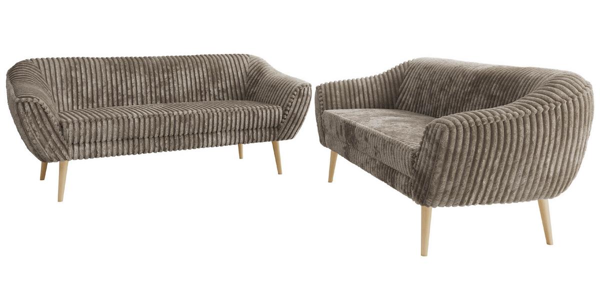 SITZGARNITUR PIRS 3+3 - Hellbraun Cord - Holzbeine - Hellbraun/Buchefarben, Holzwerkstoff/Textil (180/75/74cm) - MKS