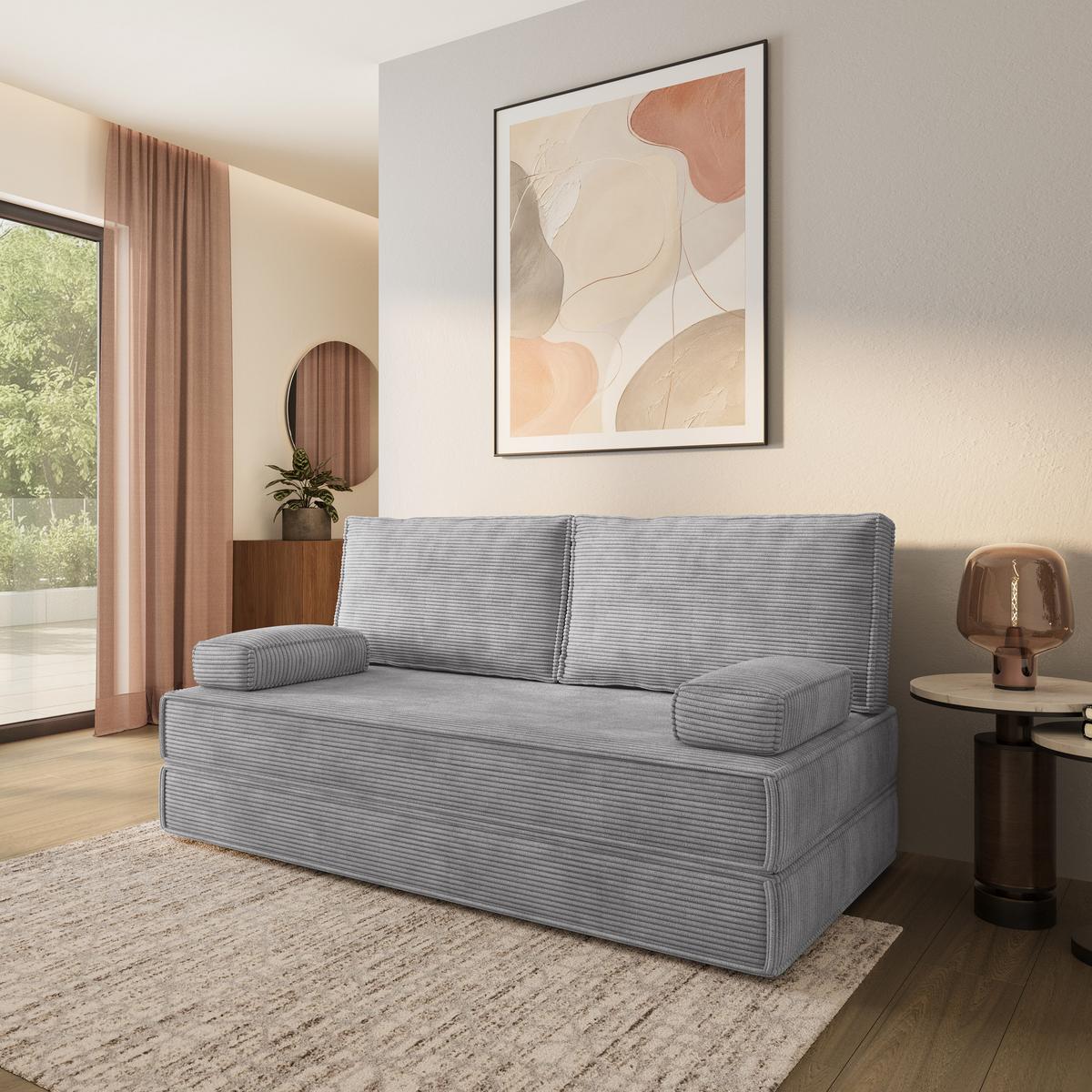 BETTSOFA SILAR aus Schaumstoff Kordstoff Hellgrau Schlaffunktion - Hellgrau, Textil (170/86/80cm) - MASSENO