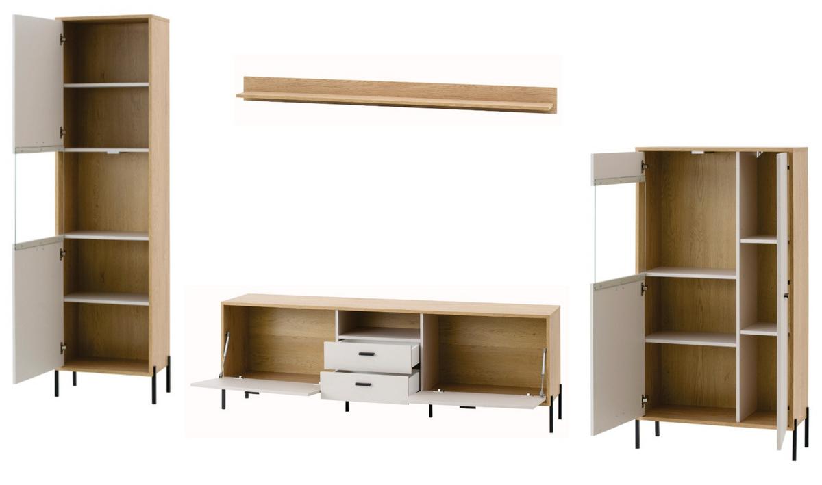 WOHNWAND Kaschmir, Eiche 349 cm, Schrankwand mit Soft-Close - Kaschmir/Eichefarben, Glas/Holzwerkstoff (349/150/35cm) - Furn.Design