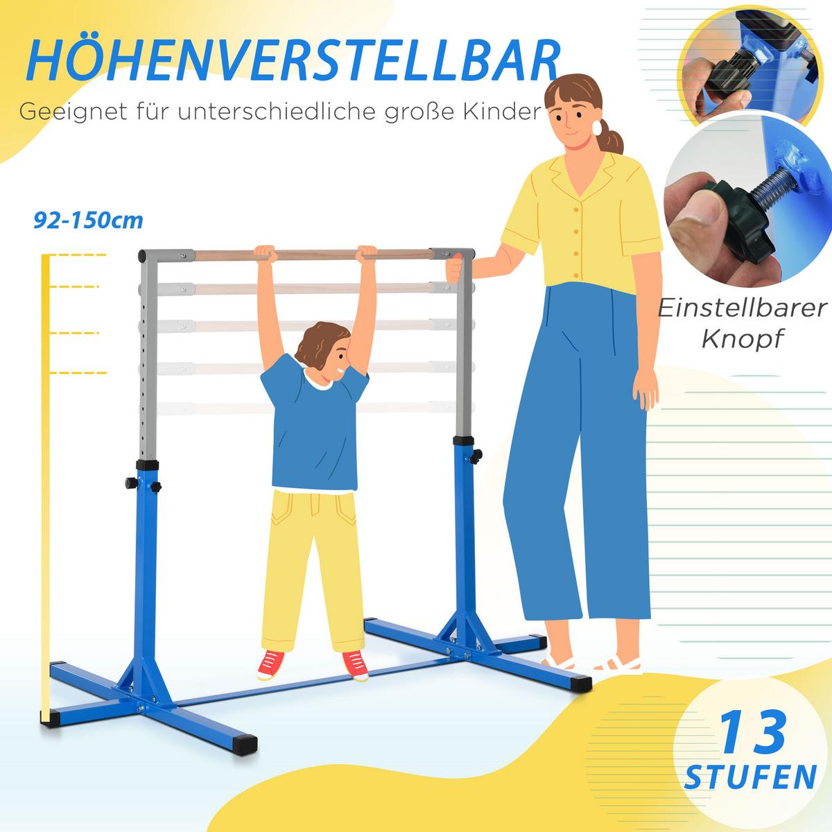 GYMNASTIK Turnreck Reckstange Turnstangen 13-stufige höhenverstellbar Blau - Blau, Metall (121/194cm) - HOMCOM