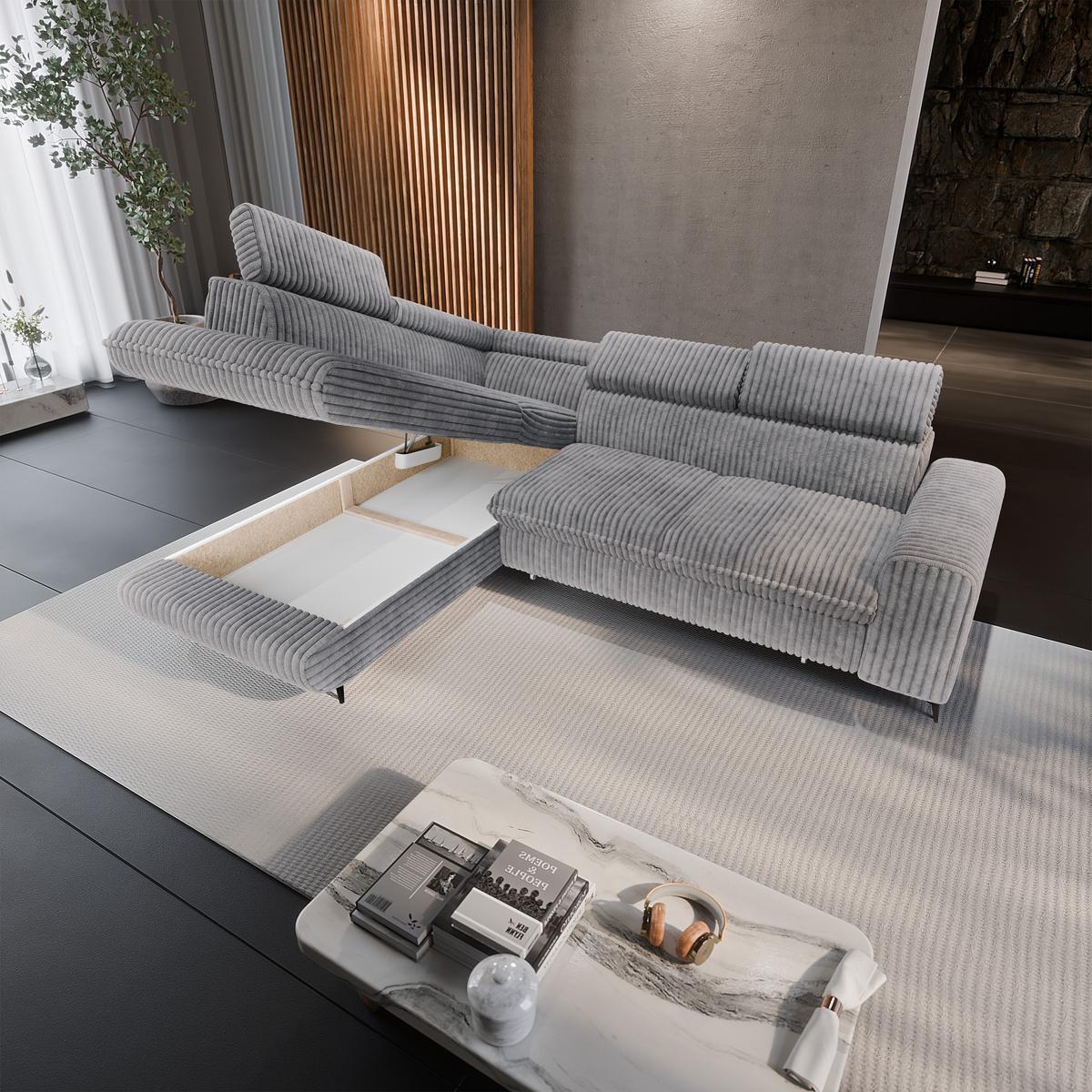 ECKSOFA VELISS Hellgrau Kordstoff mit Schlaffunktion - Grau, Holz (255/193cm) - MASSENO
