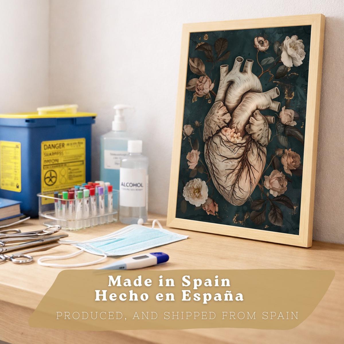 POSTER Set aus 2 Anatomie Mensch Drucke und mit Herz und Gehirn Elegante Florale Illustration Grüner Hintergrund Größe Leichter Holzrahmen A4 - Beige, Papier (21/29.7/3cm) - Nacnic