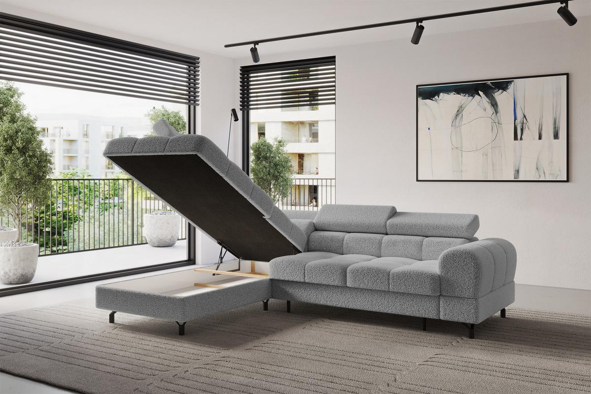 ECKSOFA mit Schlaffunktion Ottomane Links LUMA-L 272x203x70 Hellgrau Bouclé - Edelstahlfarben/Schwarz, Holzwerkstoff/Kunststoff (272/203cm) - ALTDECOR