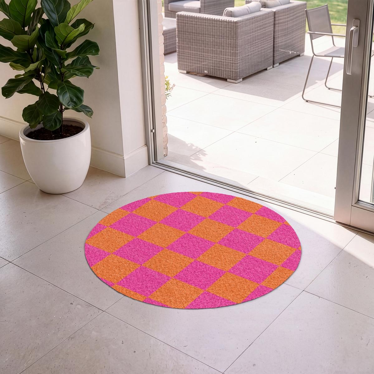 FUSSMATTE Schachbrettmuster - Orange - Rosa - Blöcke Schmutzfangmatte 90x90 cm - Pink, Kunststoff (90/0.4cm) - MuchoWow