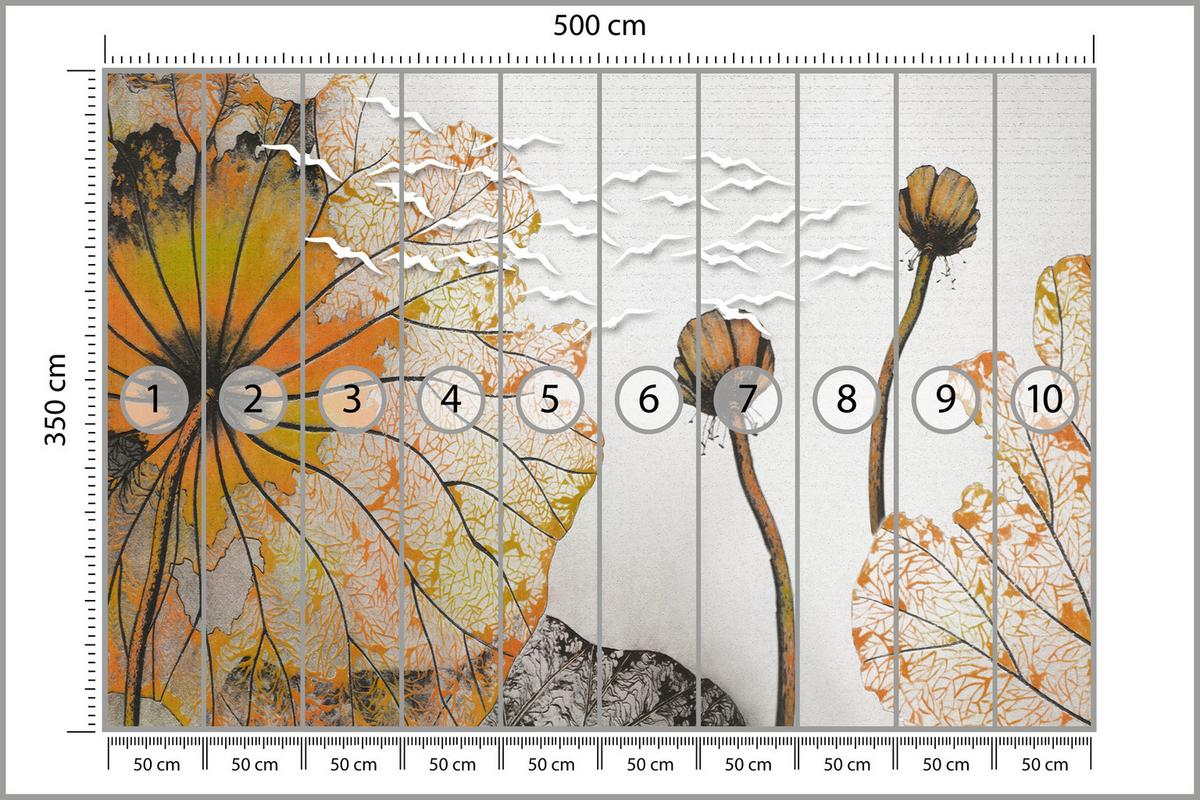 FOTOTAPETE für Esszimmer Große Abstrakte Orange Blumen Blätter 500x350 - Gelb/Orange, Papier (500/350cm) - Muralo