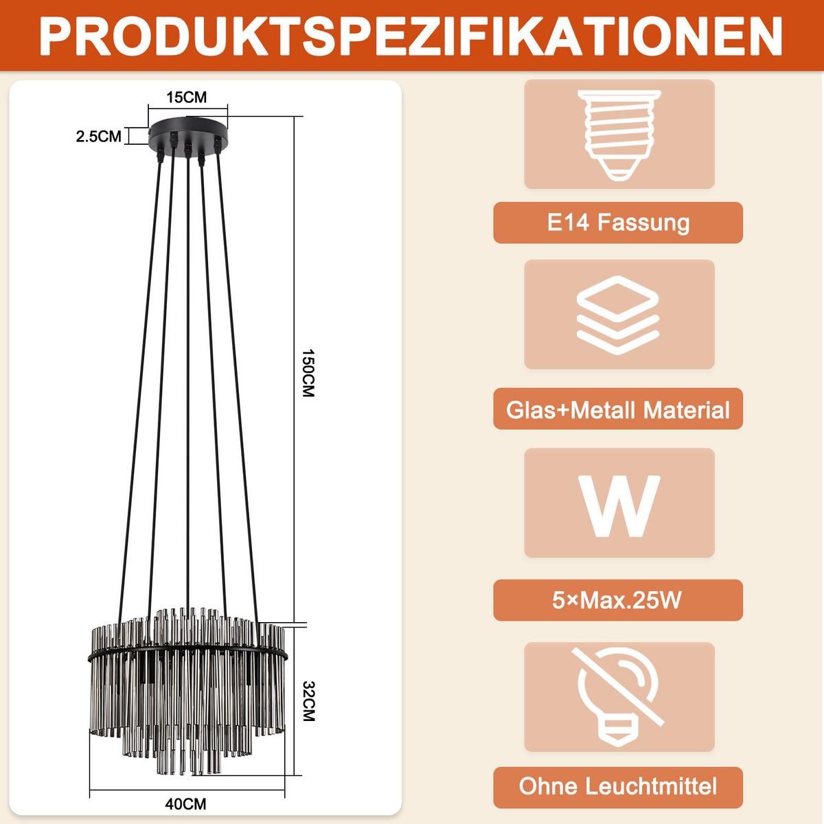 PENDELLEUCHTE Fern 15/40/150 cm - Schwarz, Glas (15/40/150cm) - ZMH