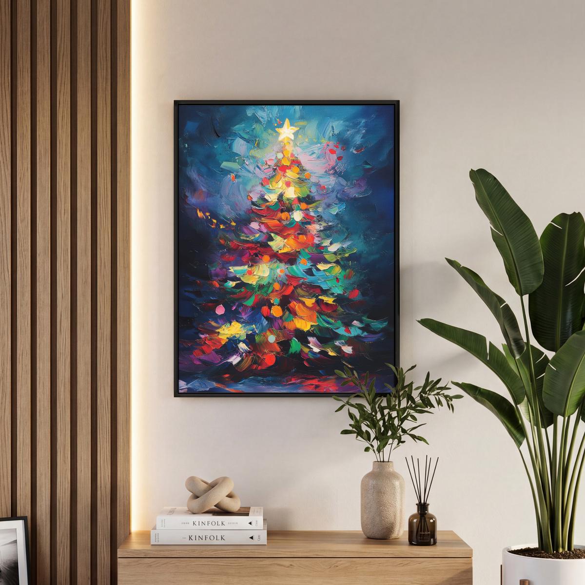 LEINWAND Bilder mit Rahmen - Weihnachtsbaum - Weihnachten - Abstrakt - Farbenfroh - 60x80 - Multicolor, Textil (60/80cm) - MuchoWow