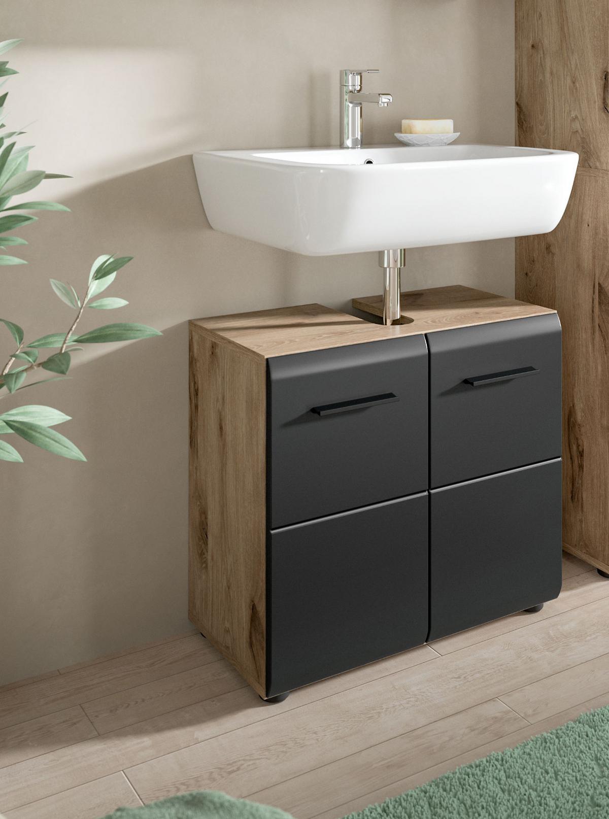 WASCHBECKENUNTERSCHRANK schwarz matt, Eiche Nox, Waschtisch Badschrank 60 cm - Eichefarben/Schwarz, Holzwerkstoff/Kunststoff (60/54/30cm) - Inn.Furn