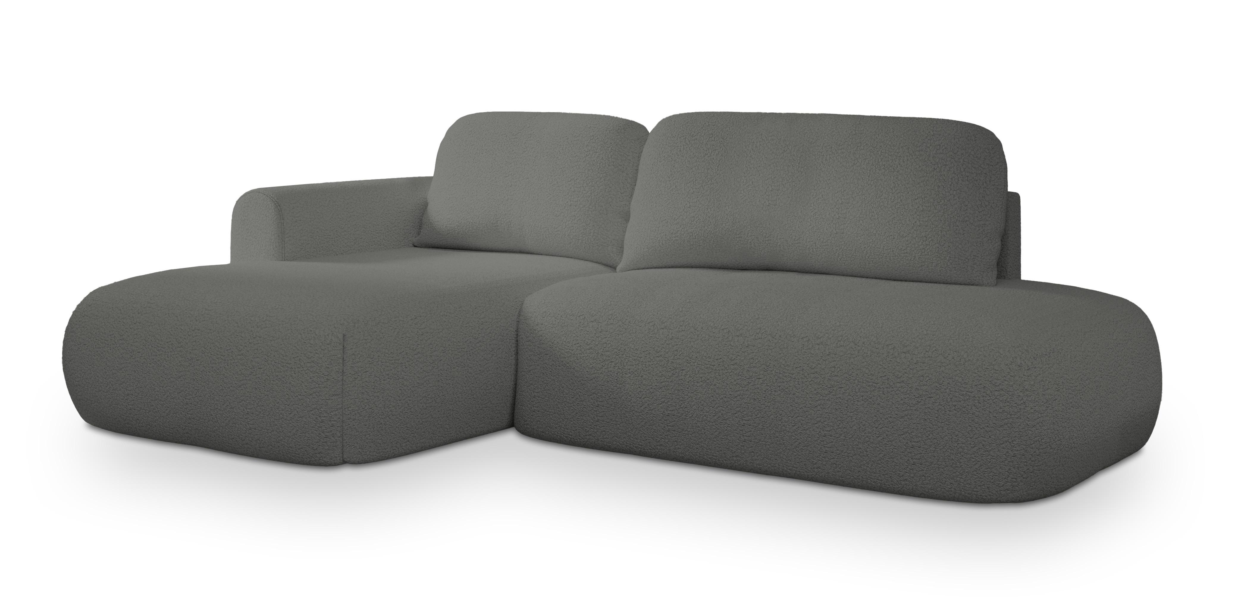 ECKSOFA NUVIRA L-S Grau Boucle-Stoff mit Schlaffunktion - Grau, Holz (279/158cm) - MASSENO