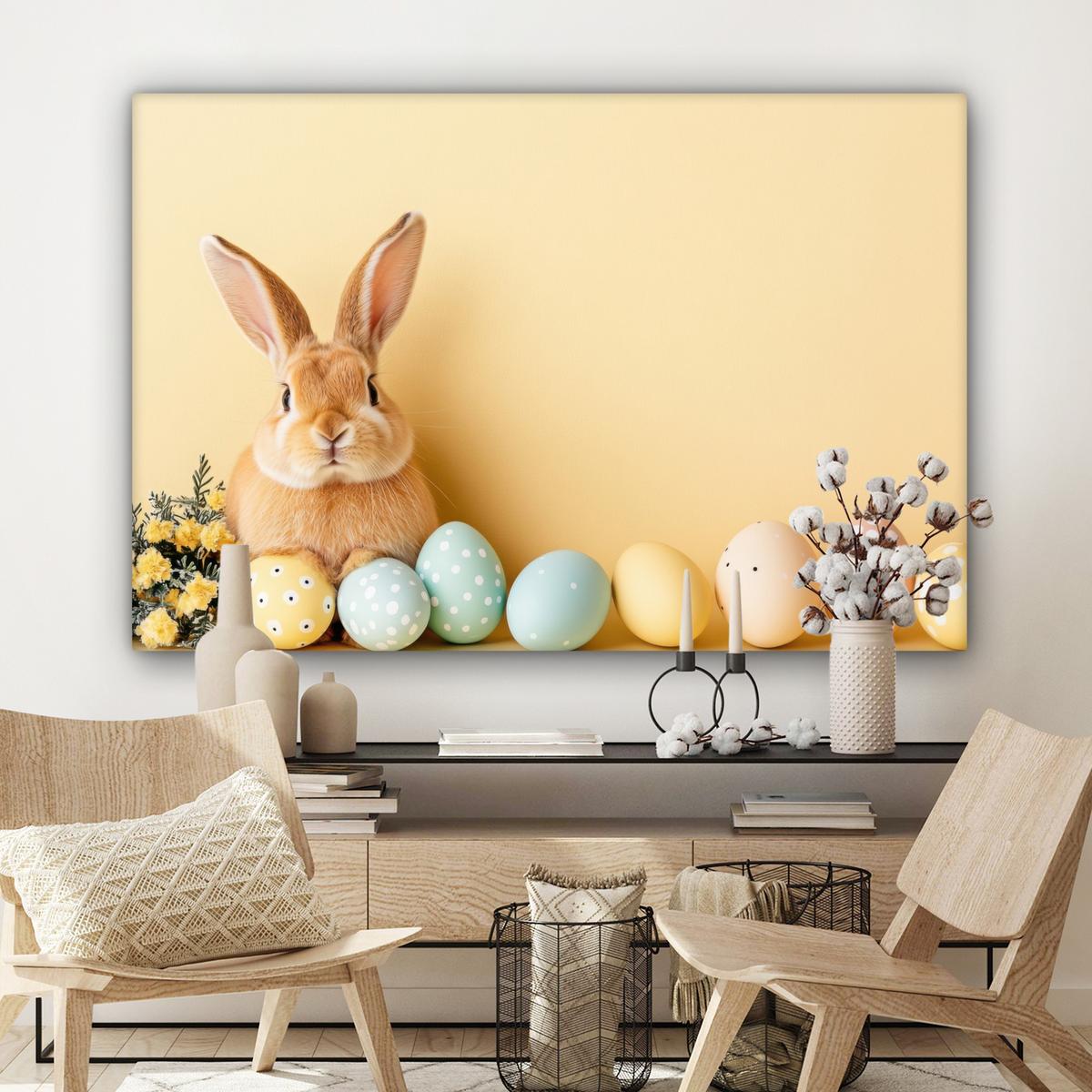 LEINWANDBILD Eier - Kaninchen - Pastellfarbtöne Groß 140x90 cm - Hellgelb, Textil (140/90cm) - MuchoWow