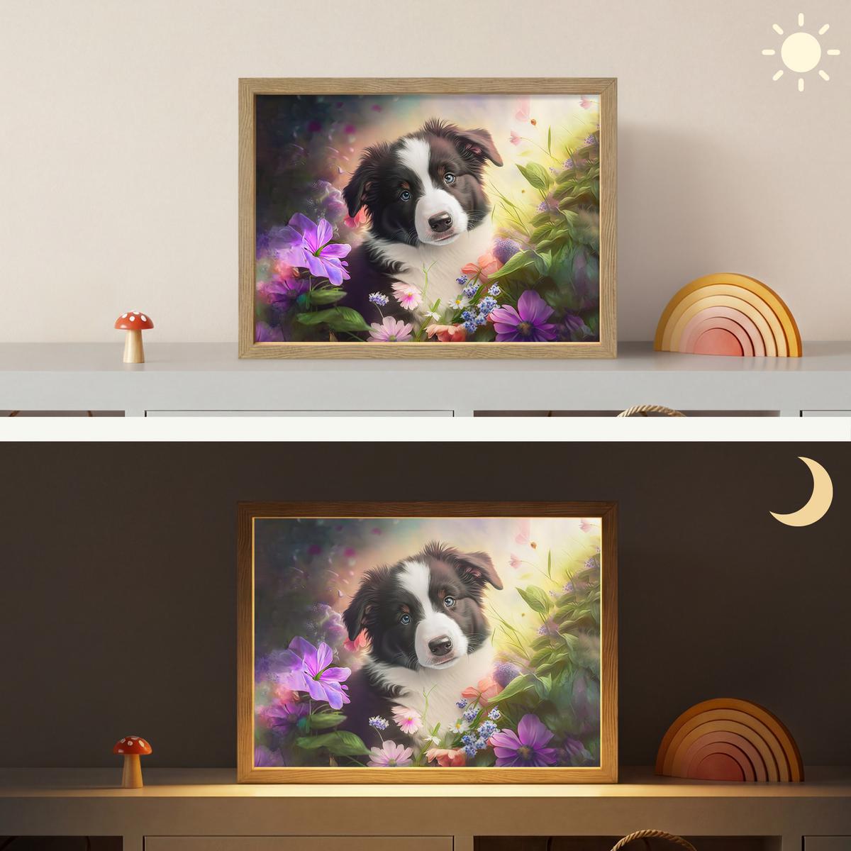 WANDLEUCHTE MIT AKKU Welpe - Sonne - Blumen - Natur - Border Collie - Hund 40x30 cm - Violett, Holzwerkstoff (40/30/8cm) - OnlyWow