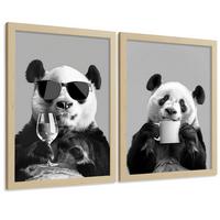 POSTER 2er Set Lustige Panda-Wandbilder Schwarz Weiß Tier Weinglas und Kaffeetasse Küche Wanddeko Rahmenlos A3 - Klar, Papier (29.7/1/42cm) - Nacnic