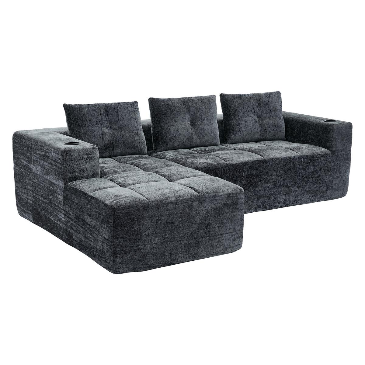 ECKSOFA chenille L-form mit getränkehaltern & 3 kissen - Grau, Textil (258/163cm) - Urban Meuble